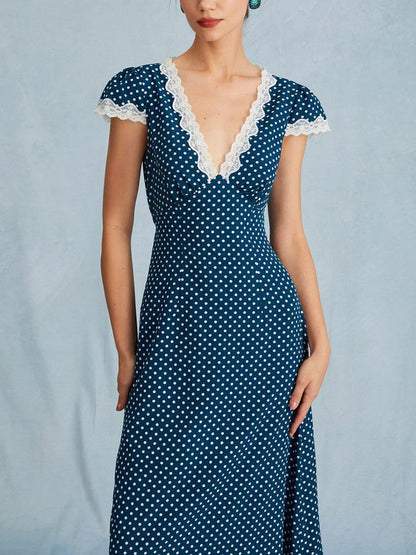 Polka Dot Lace Trim V-Neck Dress