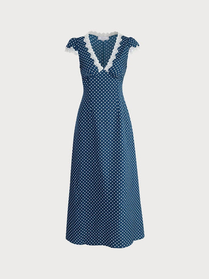 Polka Dot Lace Trim V-Neck Dress