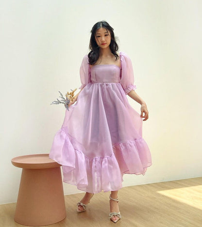 Puff Sleeve Organza Midi Dress