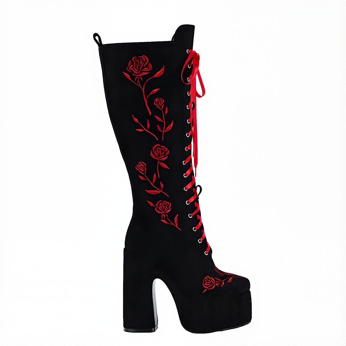 Red Rose Embroidery Knee High Platform Boots