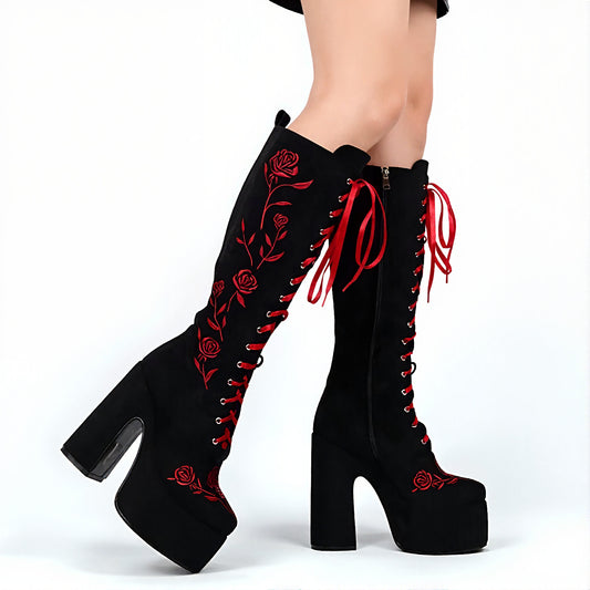 Red Rose Embroidery Knee High Platform Boots