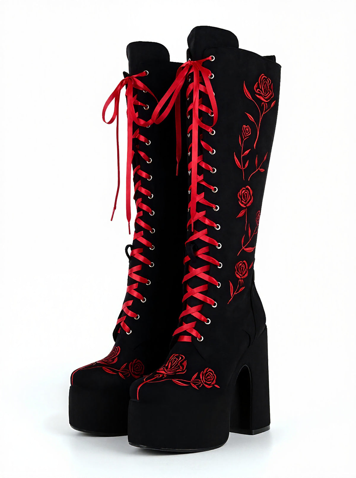 Red Rose Embroidery Knee High Platform Boots