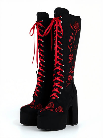 Red Rose Embroidery Knee High Platform Boots