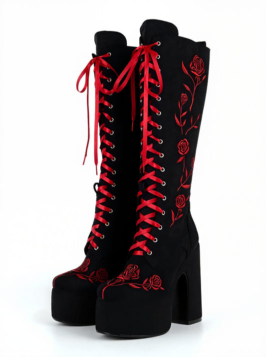 Red Rose Embroidery Knee High Platform Boots