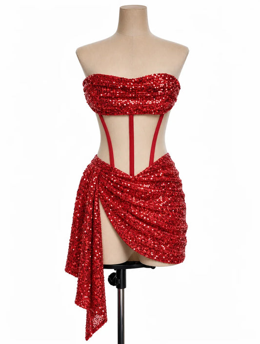 Red Sequin Sheer Cocktail Dress