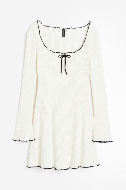 Ribbed Bow Knot Lettuce Trim Dress