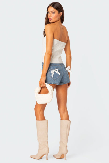 Ribbon Bow Pockets Denim Shorts