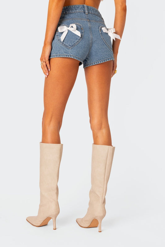 Ribbon Bow Pockets Denim Shorts