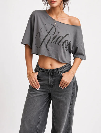 'Rider' Oversized Cropped One-Shoulder Tee