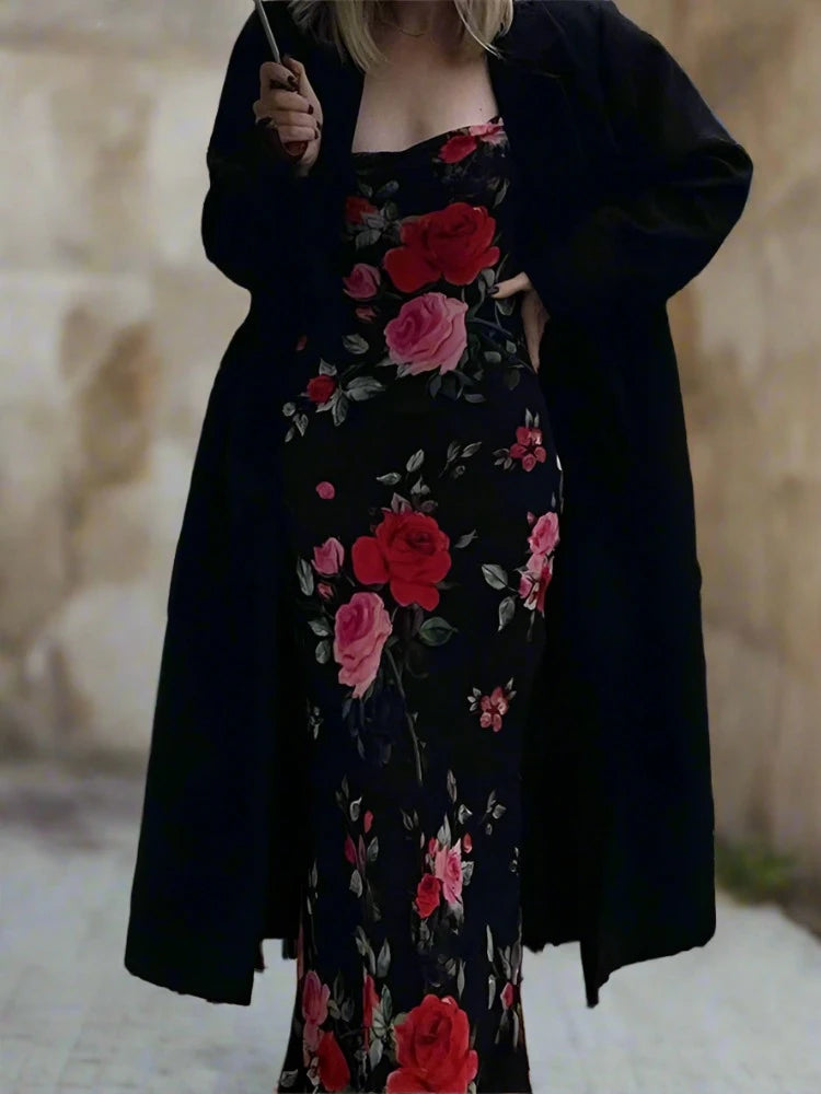 Curve Rose print flutter sleeve and ruffle mesh midi dress