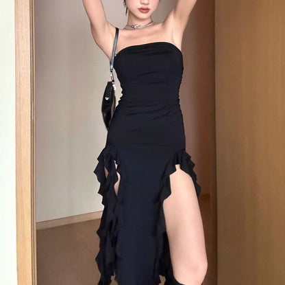 Ruffle High Slit Tube Dress