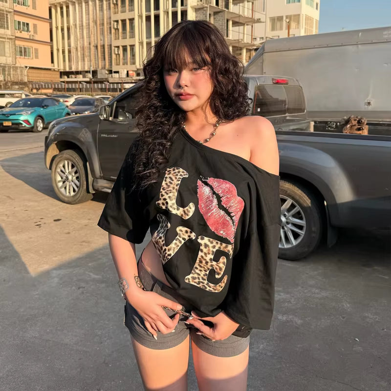 Love Lips Leopard Off-shoulder Tee