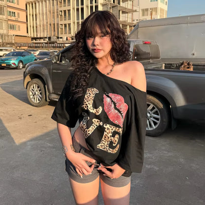 Love Lips Leopard Off-shoulder Tee