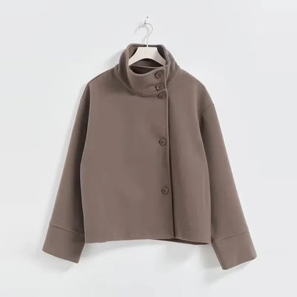 Funnel Neck Buttoned Plain Jacket