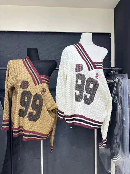 '99' Stripped Neck Cable Knit Sweater