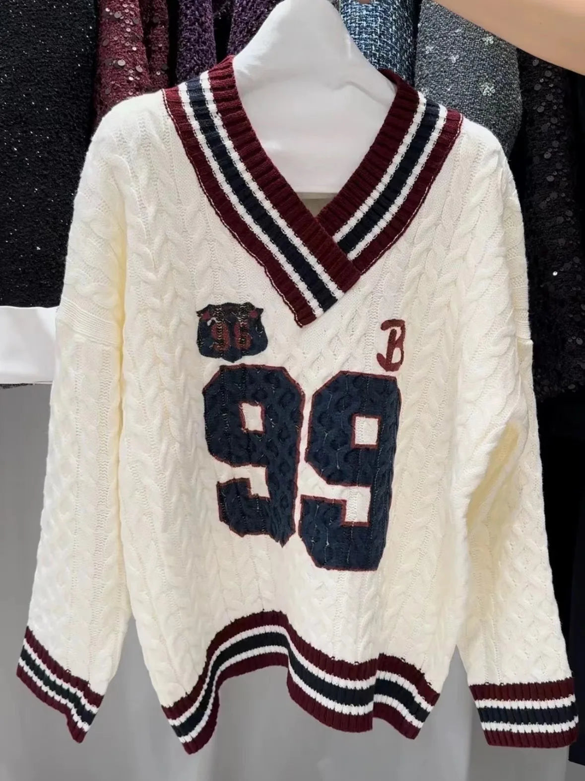 '99' Stripped Neck Cable Knit Sweater