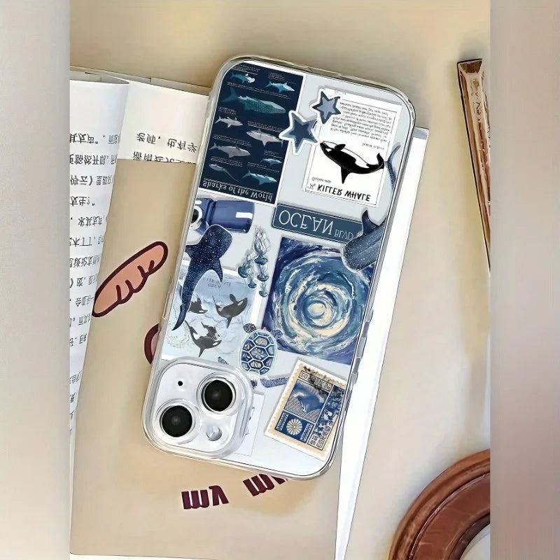 Blue Ocean Whale Collage Clear iPhone Case