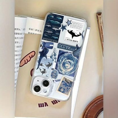 Blue Ocean Whale Collage Clear iPhone Case