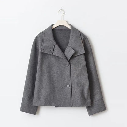 Funnel Neck Buttoned Plain Jacket