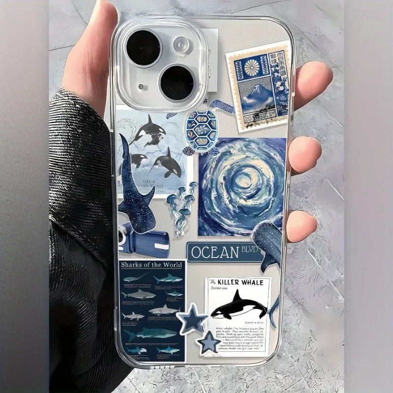 Blue Ocean Whale Collage Clear iPhone Case