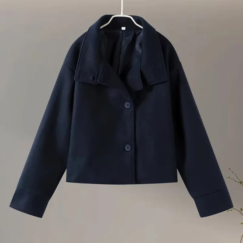 Funnel Neck Buttoned Plain Jacket
