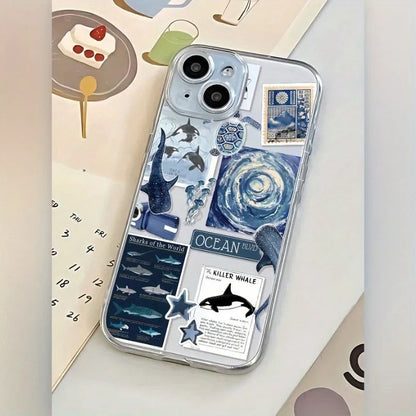 Blue Ocean Whale Collage Clear iPhone Case