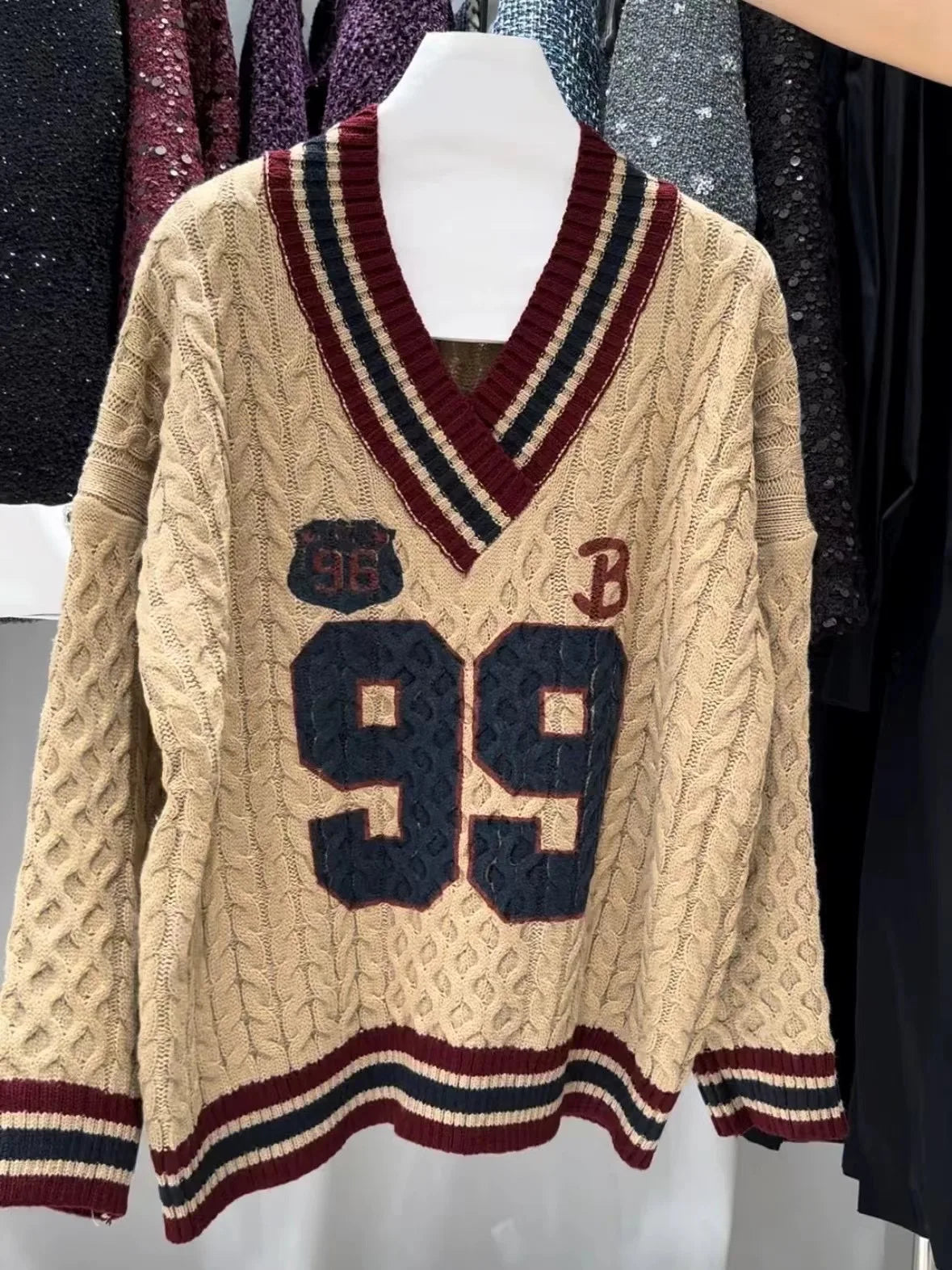 '99' Stripped Neck Cable Knit Sweater