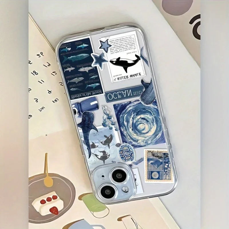 Blue Ocean Whale Collage Clear iPhone Case