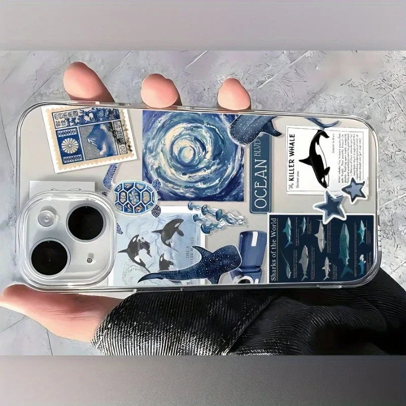 Blue Ocean Whale Collage Clear iPhone Case