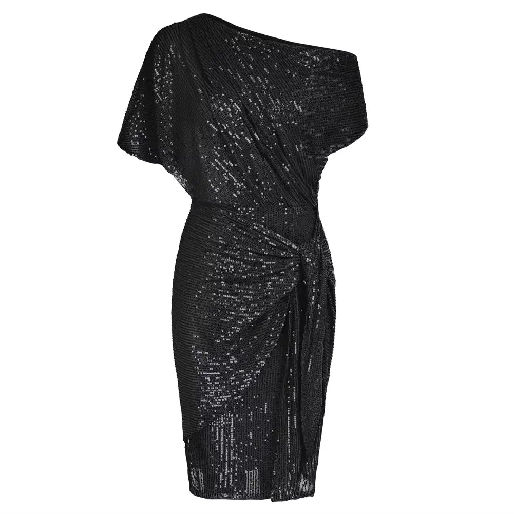 Sequined Asymmetric Off Shoulder Bodycon Party Midi Dress