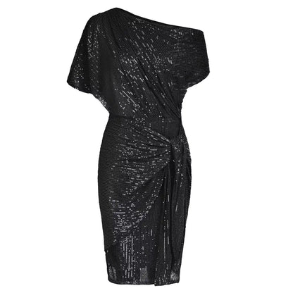 Sequined Asymmetric Off Shoulder Bodycon Party Midi Dress