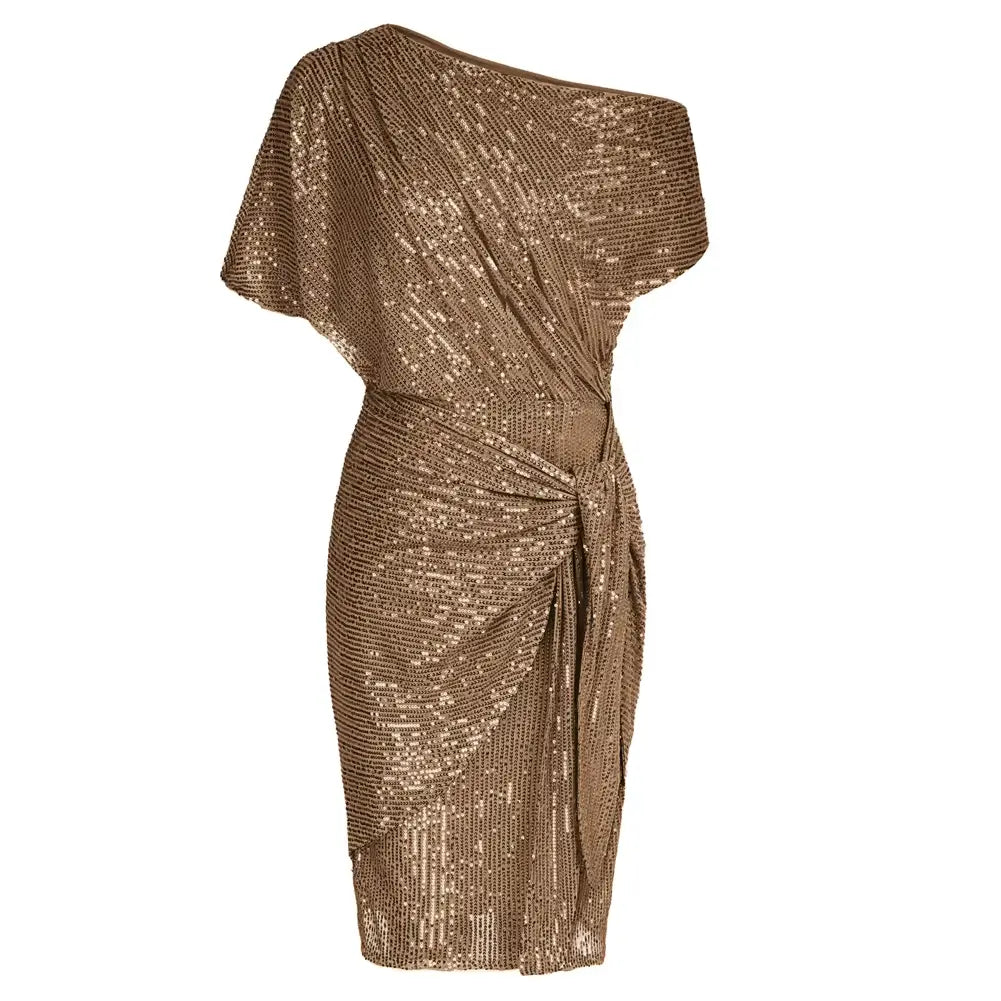 Sequined Asymmetric Off Shoulder Bodycon Party Midi Dress