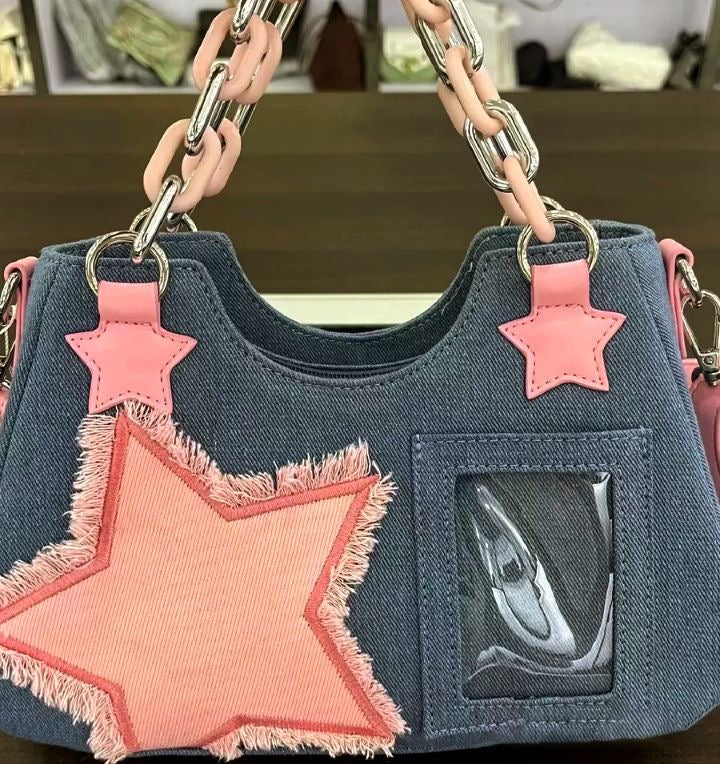 Starry Patch Denim Shoulder Bag