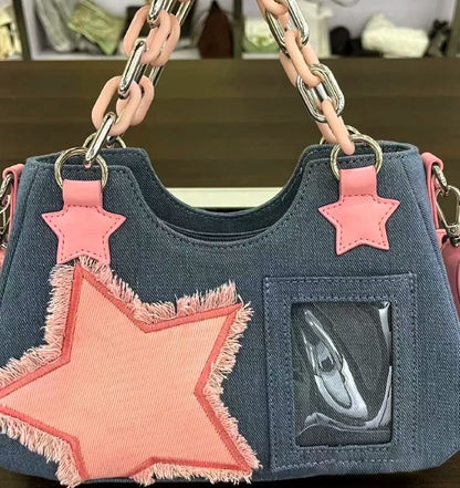 Starry Patch Denim Shoulder Bag