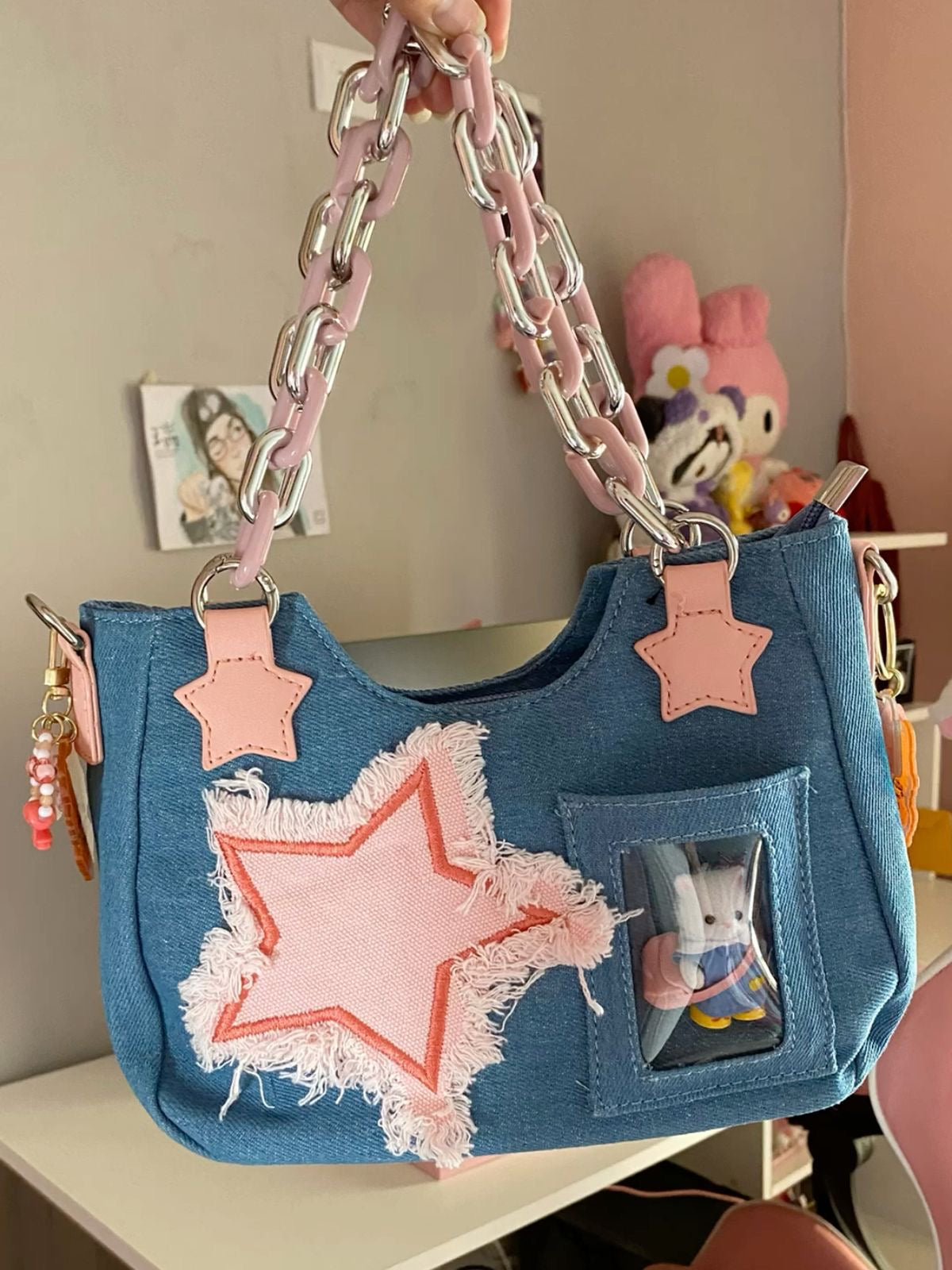Starry Patch Denim Shoulder Bag
