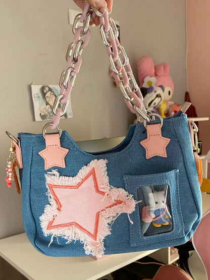 Starry Patch Denim Shoulder Bag