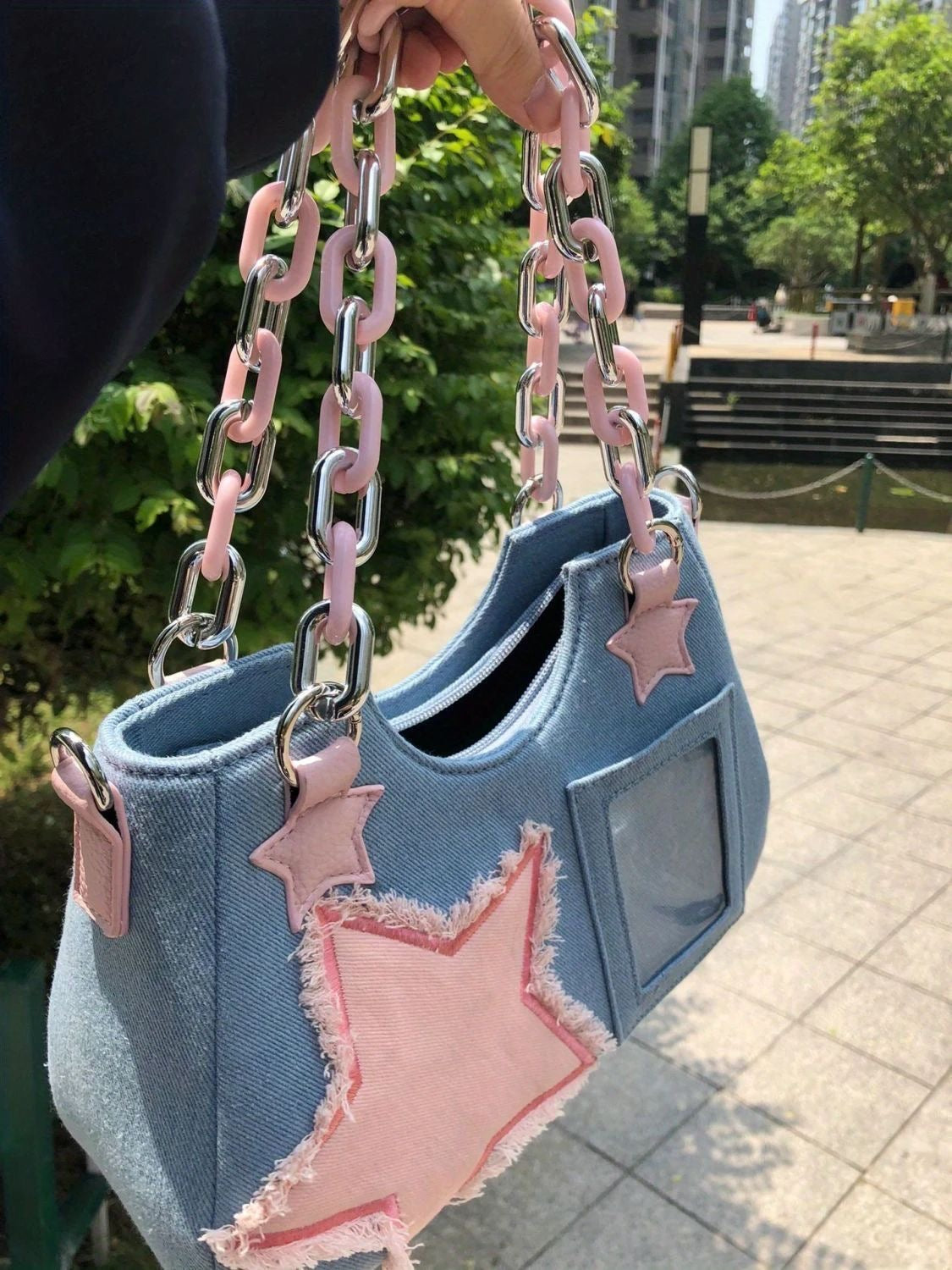 Starry Patch Denim Shoulder Bag