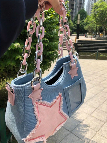 Starry Patch Denim Shoulder Bag