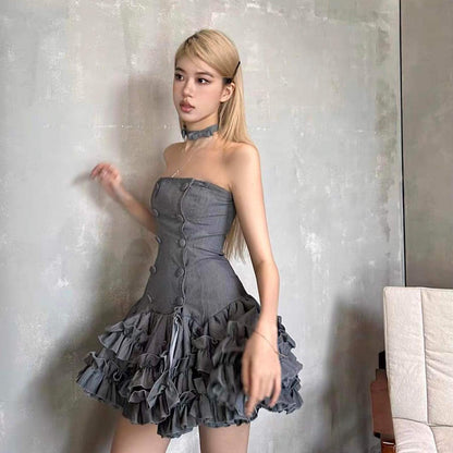 Strapless Double Breasted Ruffle Tiered Mini Dress