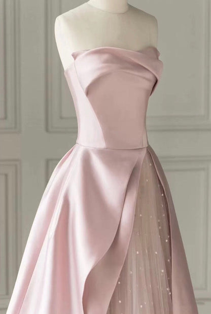 Strapless High Slit Glitter Tulle Maxi Dress