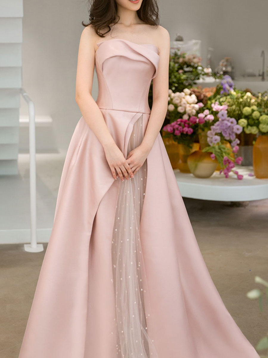 Glamorous Strapless Ruched Tulle Train Maxi Dress