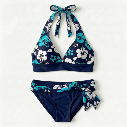 Swimmer Girl Hibiscus Halter Bikini Set