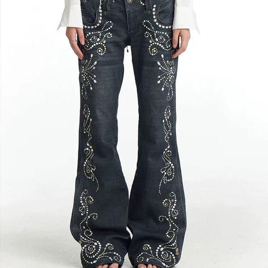 Swirl Rhinestone Low Rise Flare Jeans
