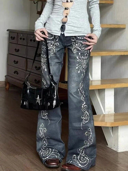 Swirl Rhinestone Low Rise Flare Jeans