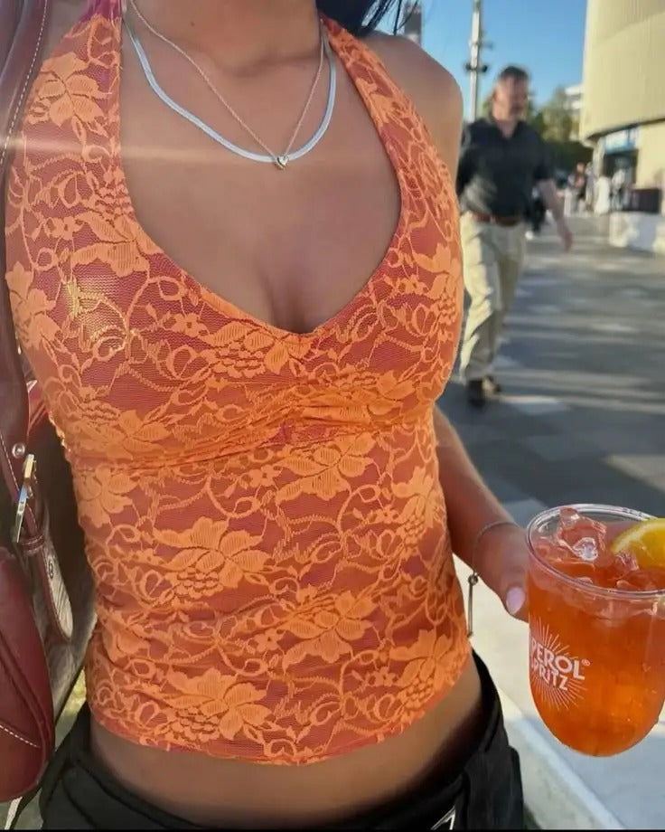 Tangerine Sheer Floral Lace Halter Top