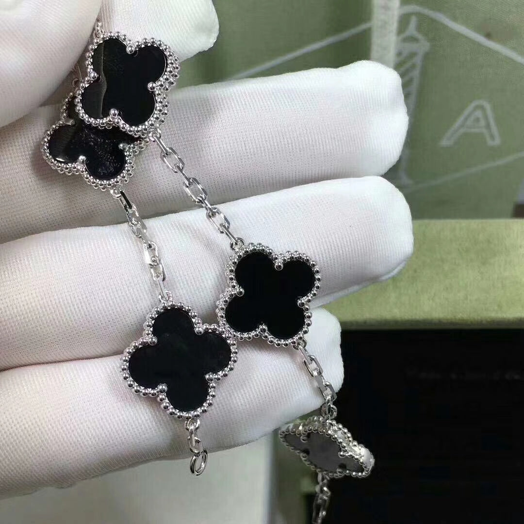 Silver Black 5 Motif Clover Bracelet