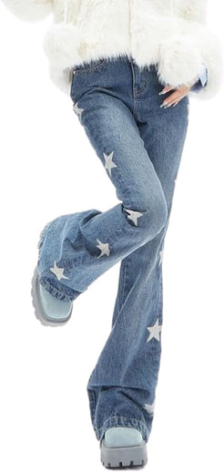Vintage Star Print Striped Denim Pants
