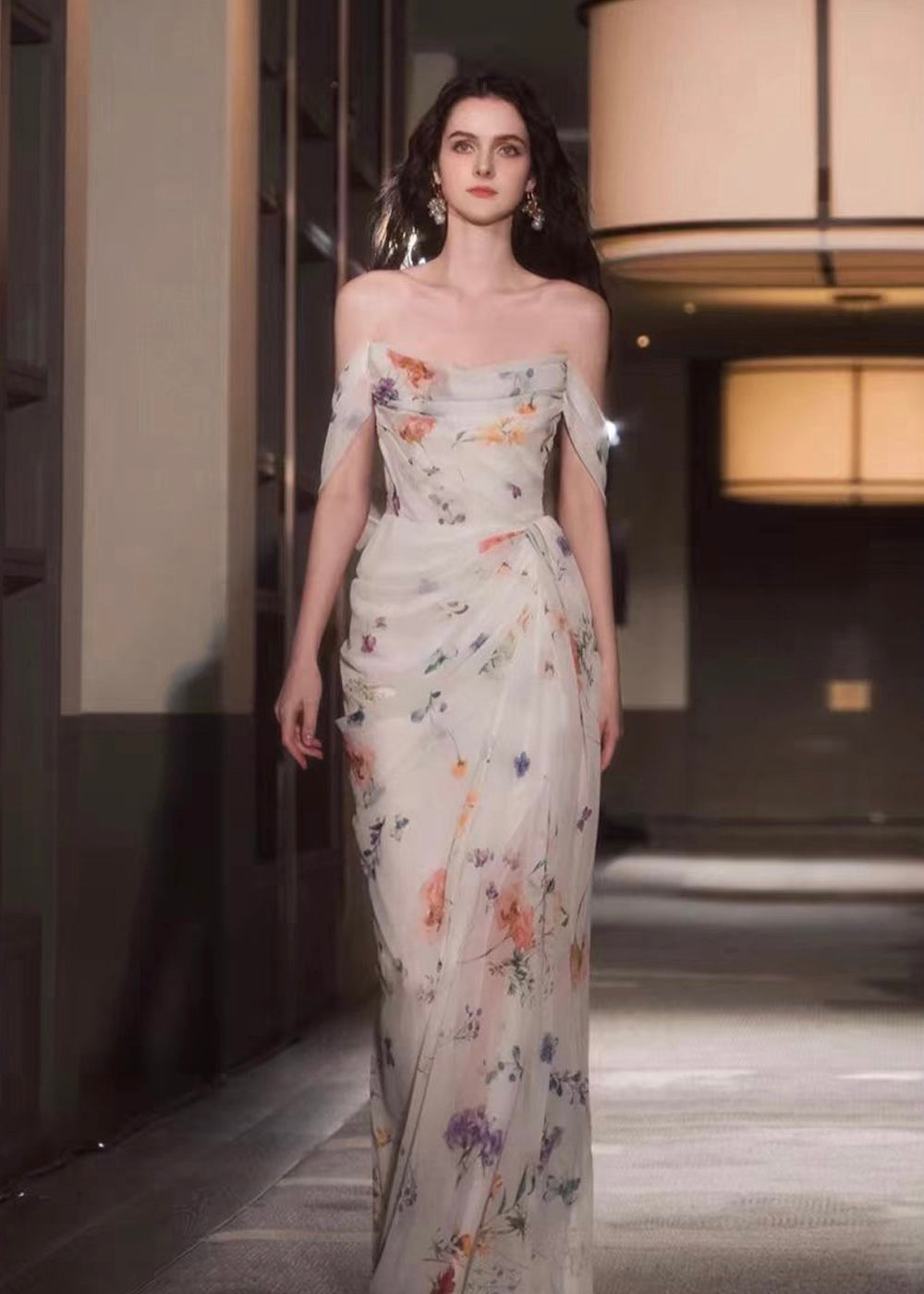 Water Flower Draped Maxi Dress