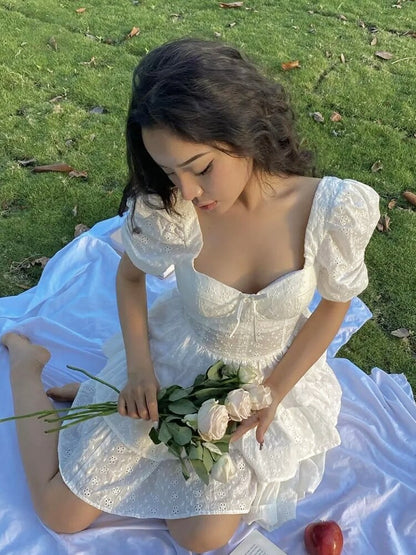 White Lace Bowknot Puff Sleeve Tiered Dress