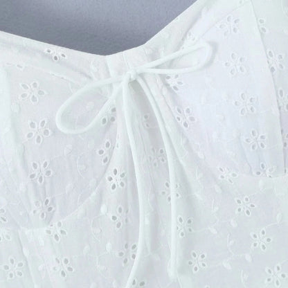 White Lace Bowknot Puff Sleeve Tiered Dress